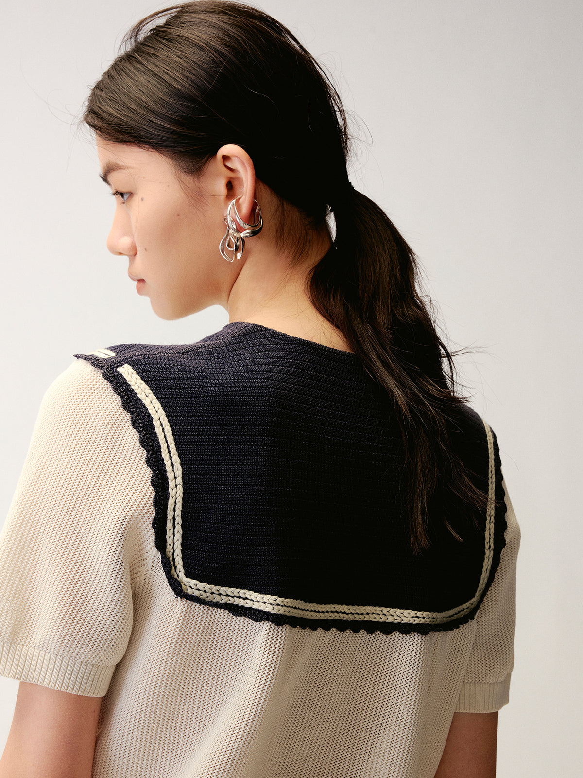 Striped Sailor Collar Bow Knit T-Shirts
