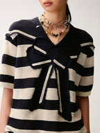 Striped Sailor Collar Bow Knit T-Shirts