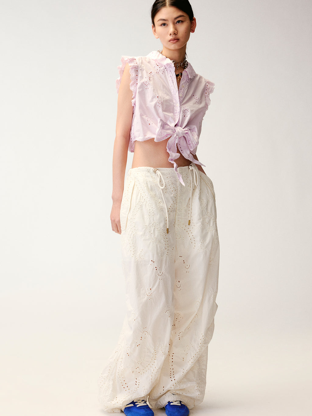 Eyelet Cutout Floral Parachute Pants