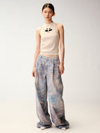 Water Ripple Print Wide-Leg Jeans