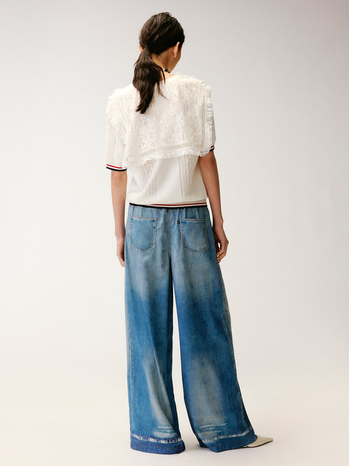 Lace Sailor Collar Cable-Knit T-shirt