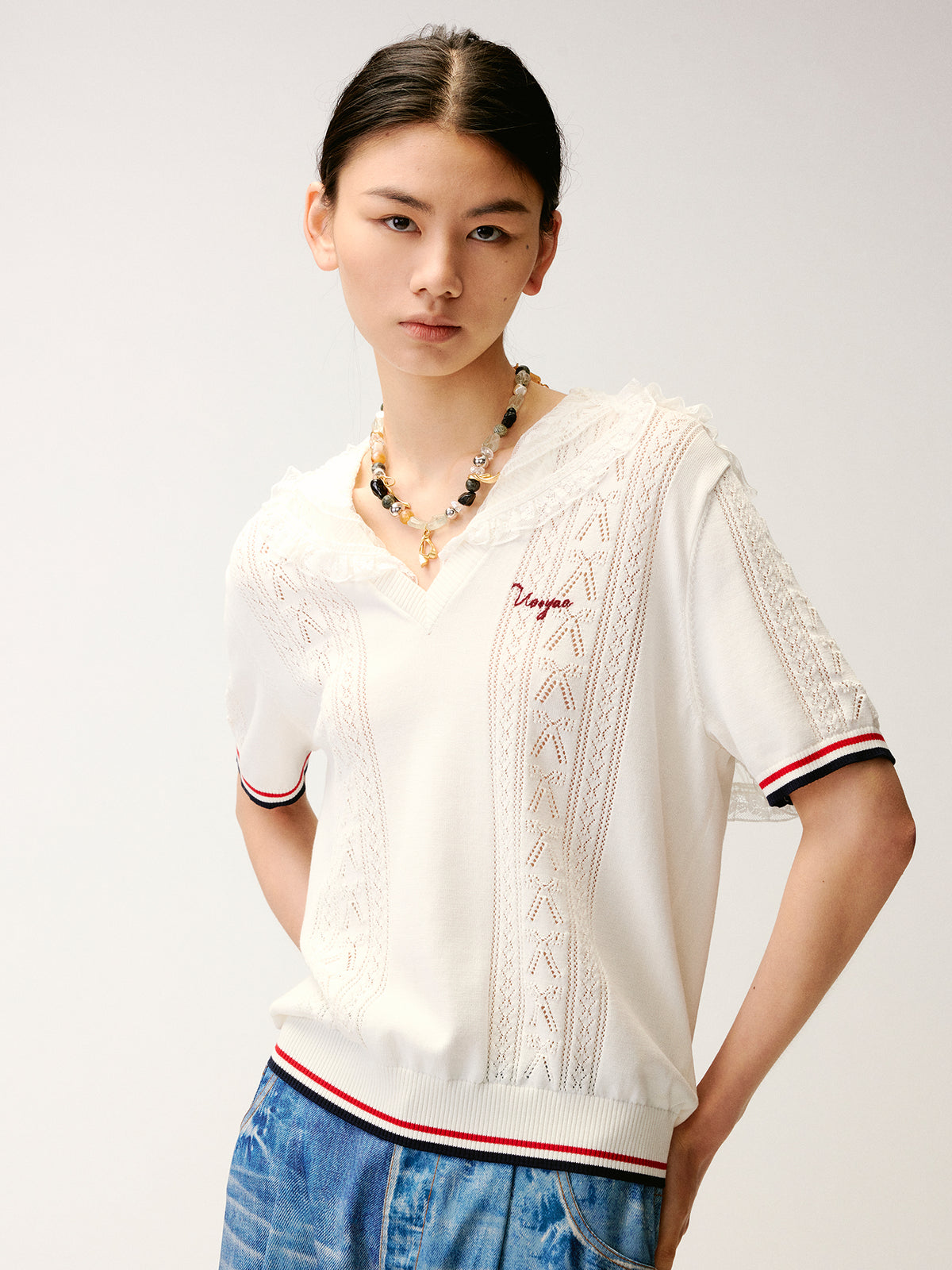 Lace Sailor Collar Cable-Knit T-shirt