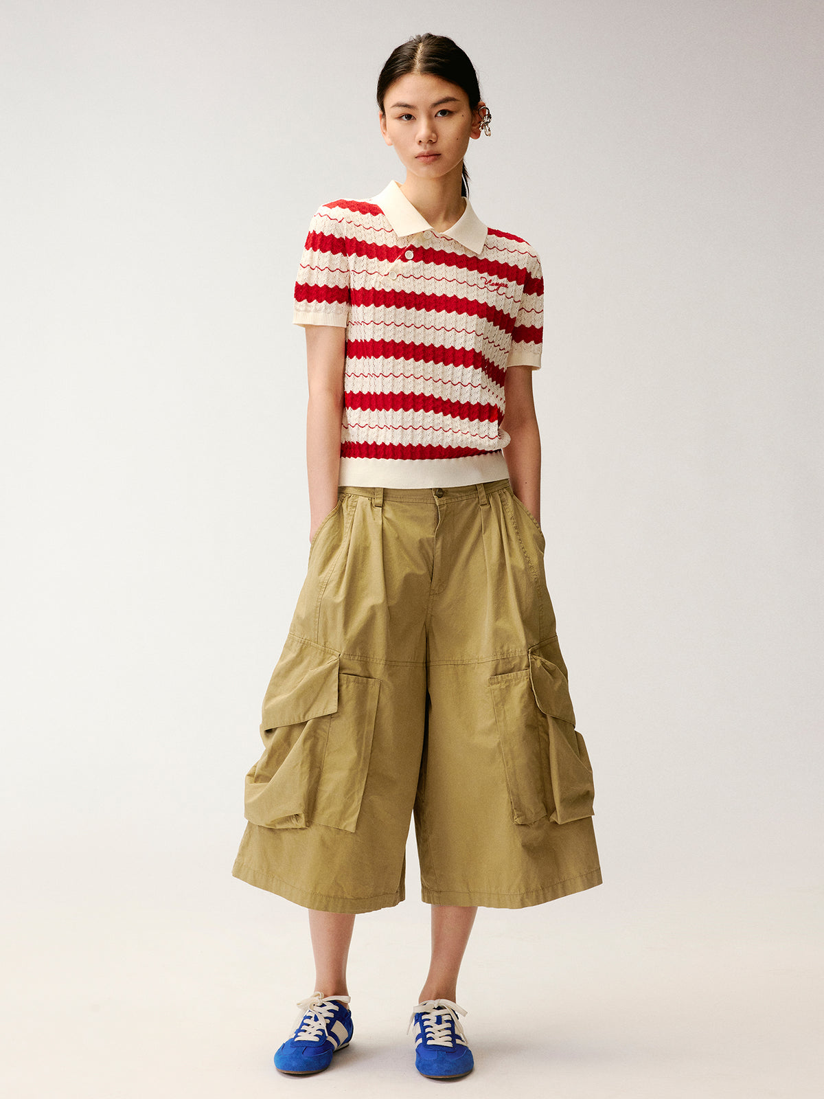 Asymmetrical Placket Striped Polo Knit T-Shirt