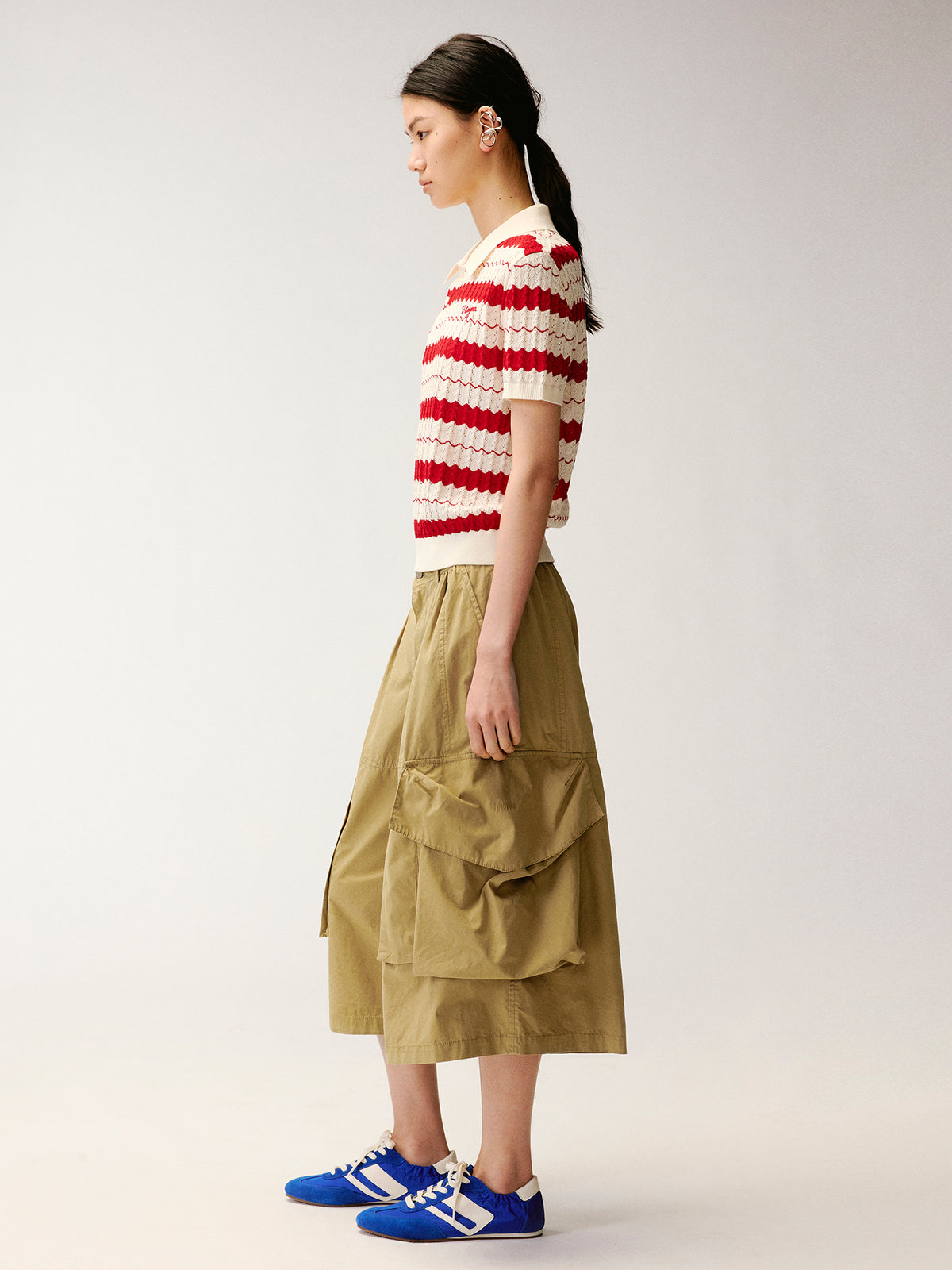 Asymmetrical Placket Striped Polo Knit T-Shirt