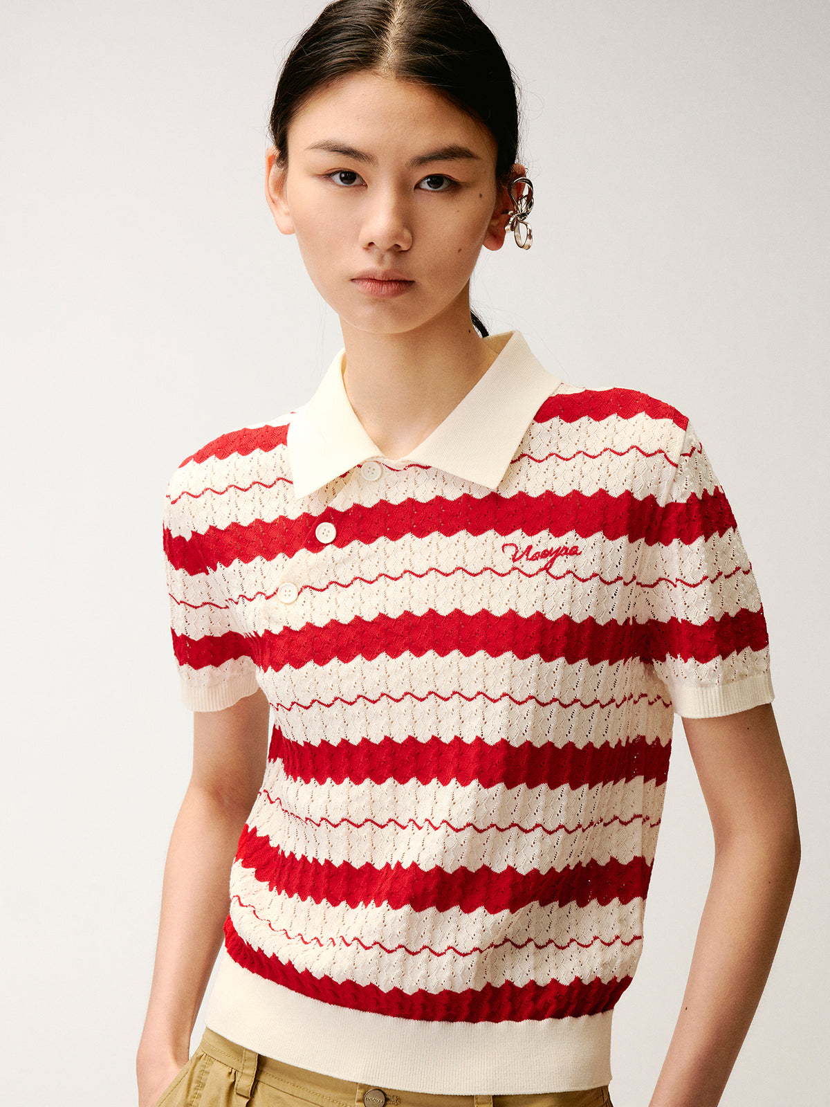 Asymmetrical Placket Striped Polo Knit T-Shirt