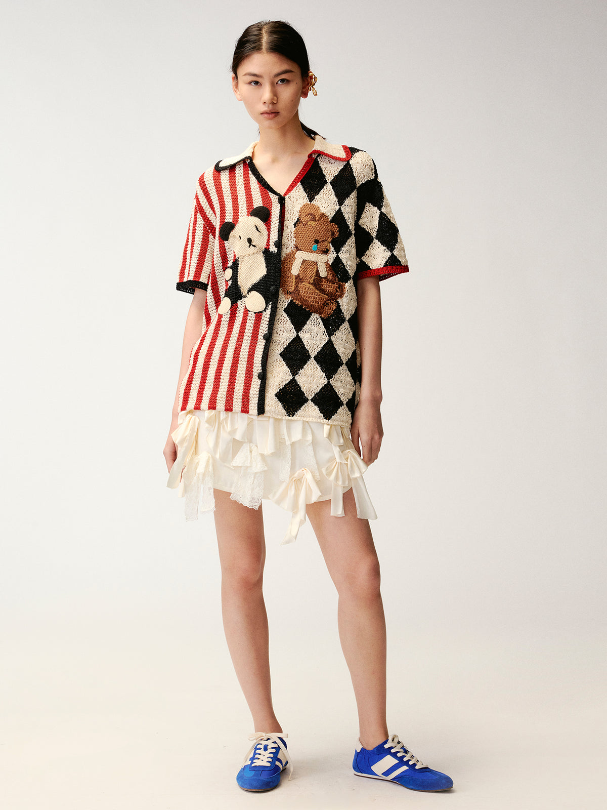Sad Bear Contrast Spliced Cardigan T-Shirts