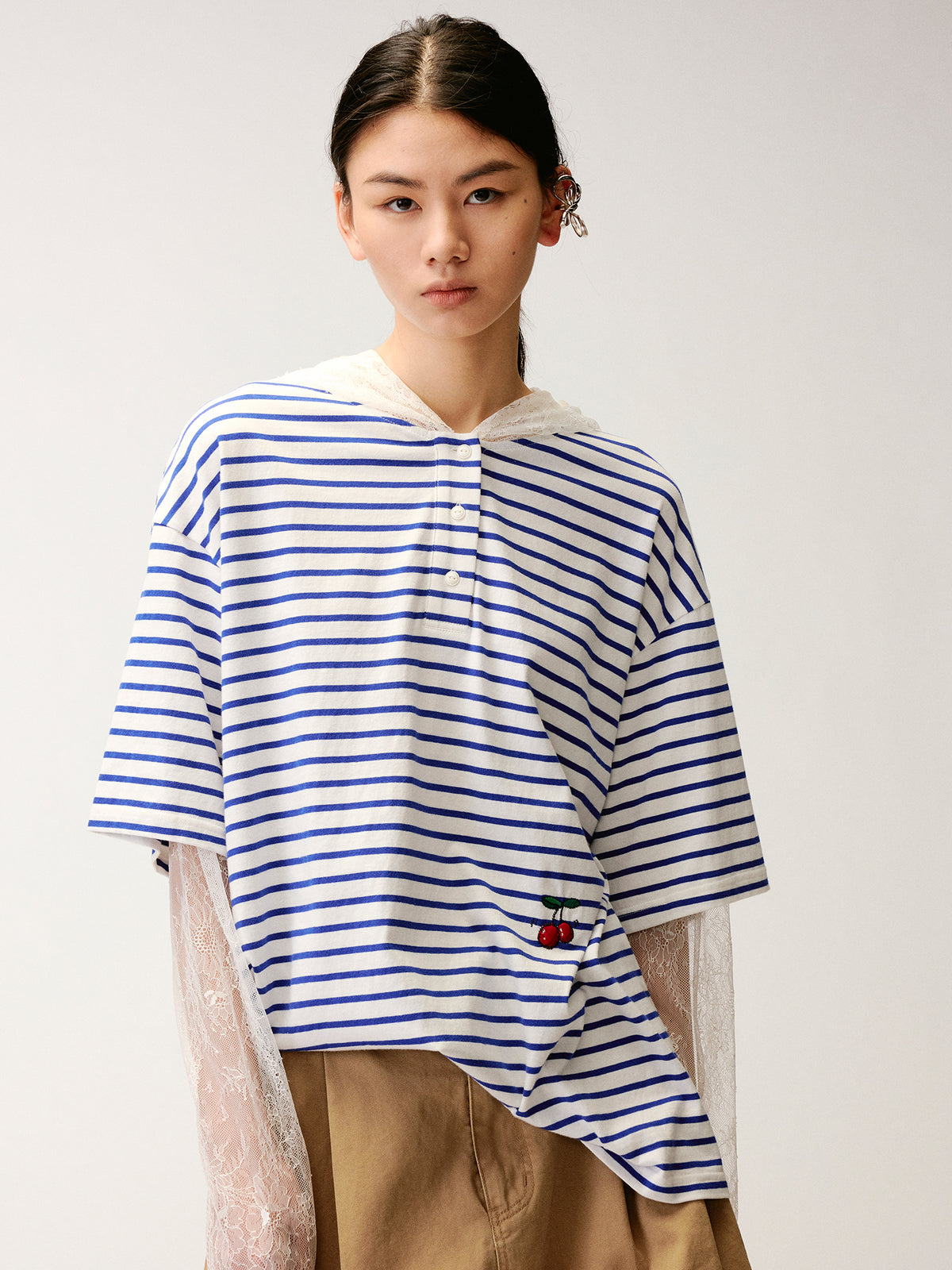 Faux-Layered Lace Patchwork Nautical T-shirt