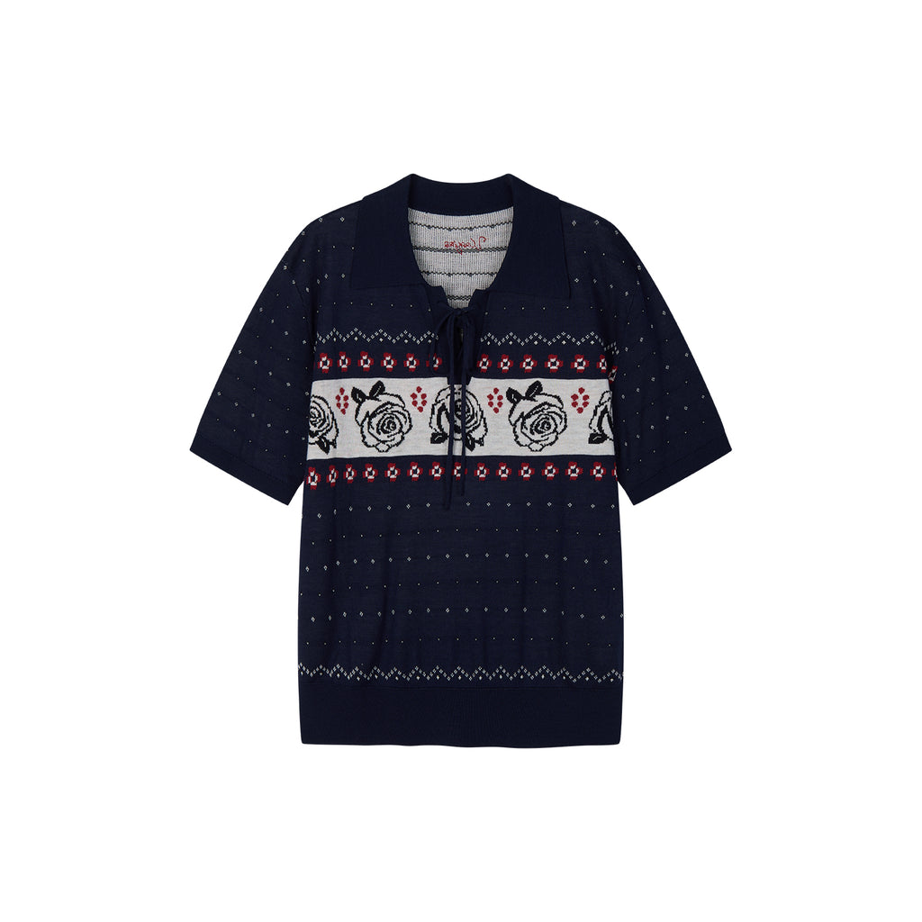 Vintage Floral Tie-Neck Polo Knit T-Shirt