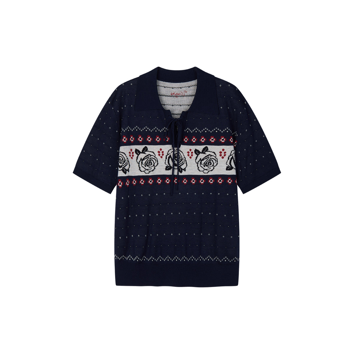 Vintage Floral Tie-Neck Polo Knit T-Shirt