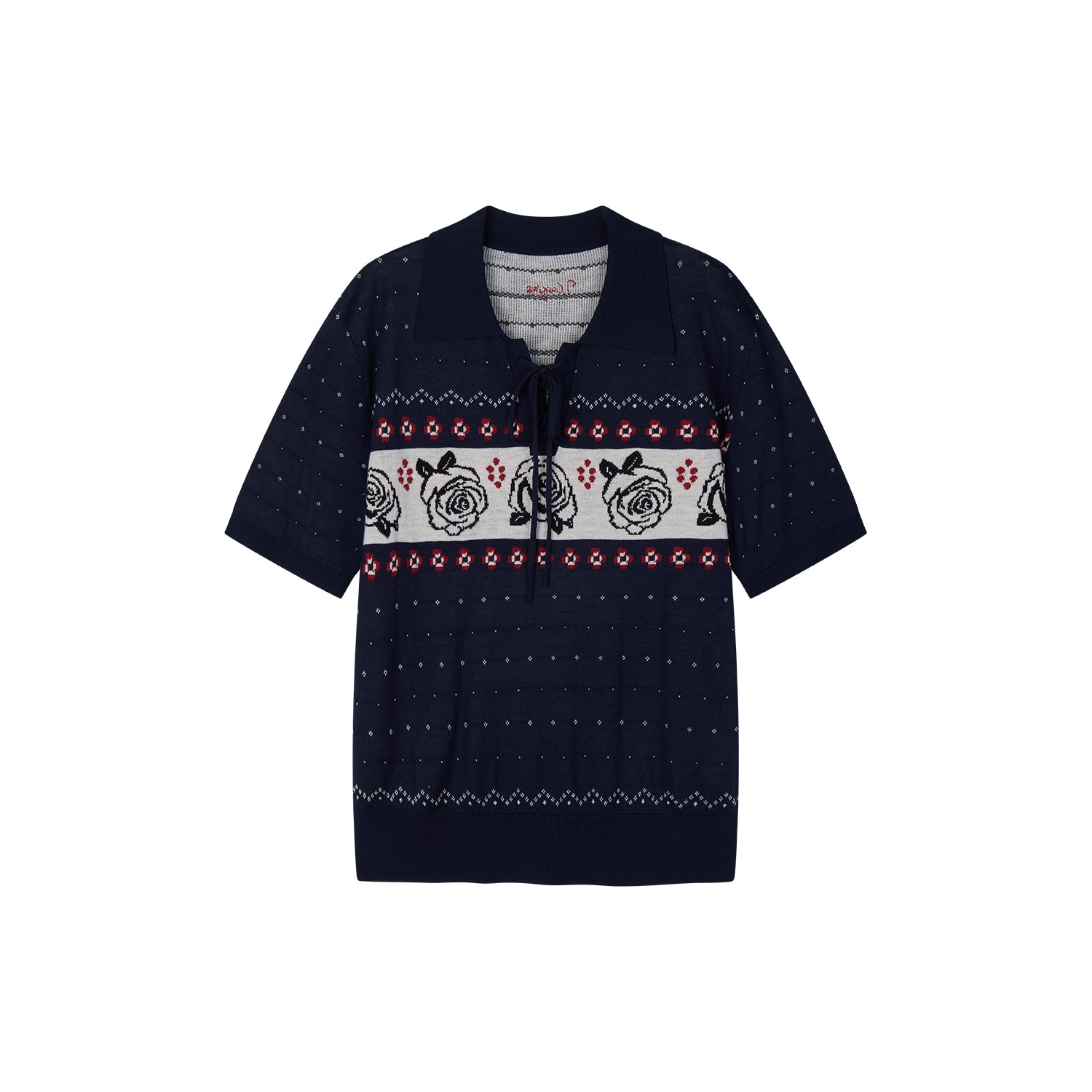 Vintage Floral Tie-Neck Polo Knit T-Shirt