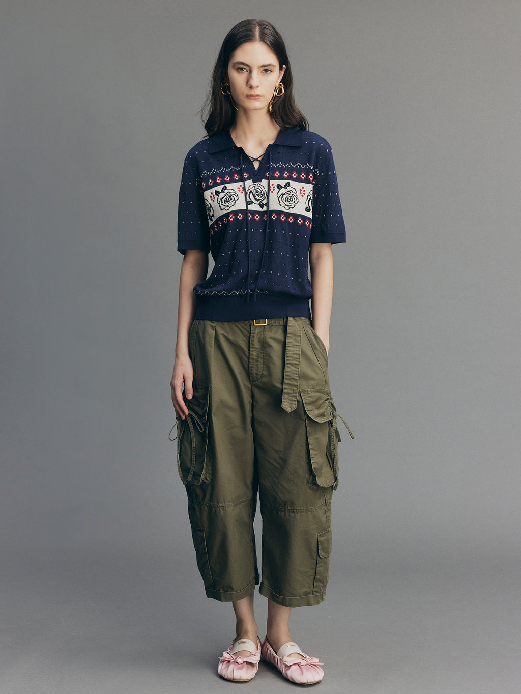 Vintage Floral Tie-Neck Polo Knit T-Shirt