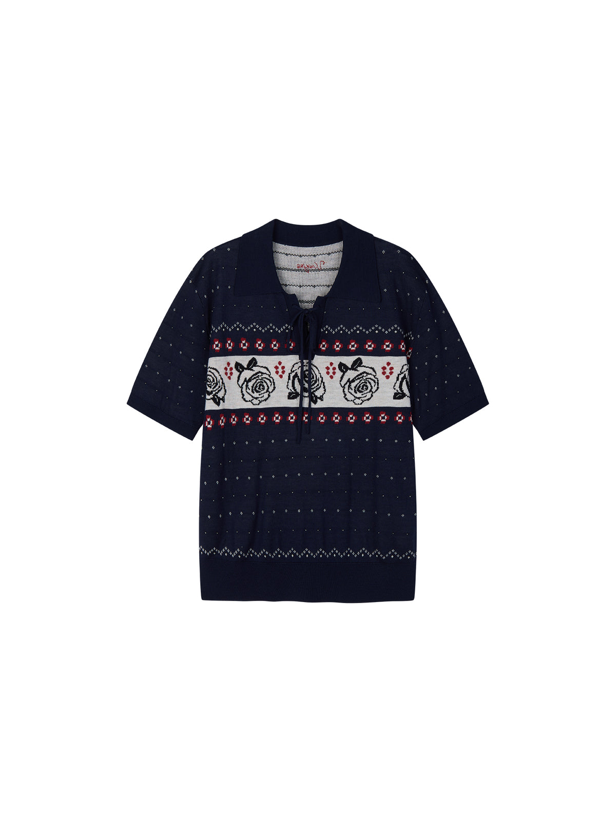 Vintage Floral Tie-Neck Polo Knit T-Shirt