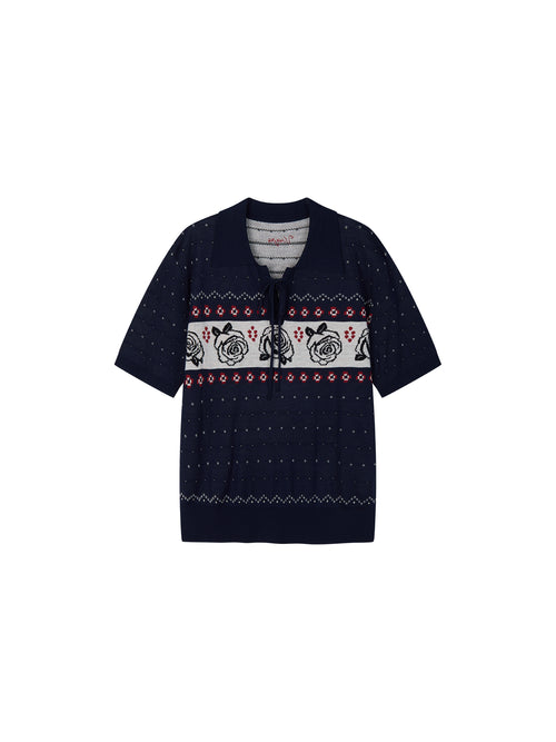Vintage Floral Tie-Neck Polo Knit T-Shirt