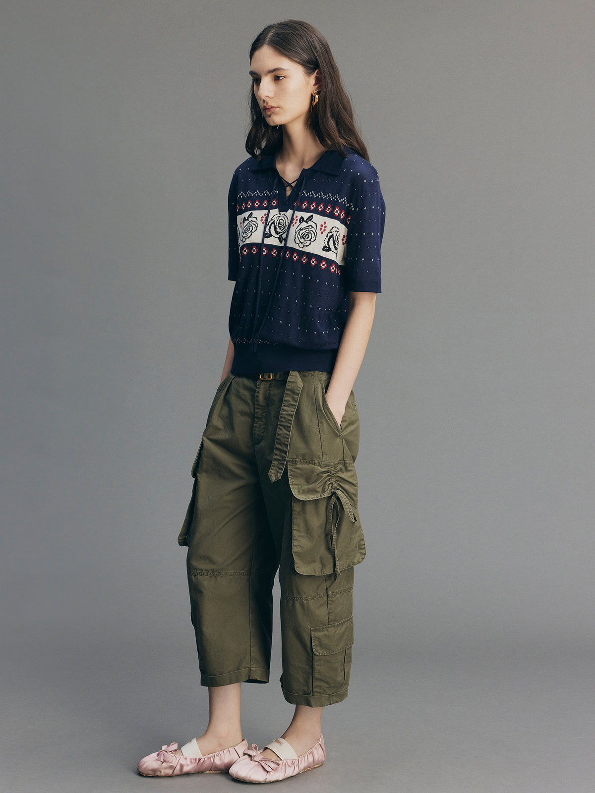 Vintage Floral Tie-Neck Polo Knit T-Shirt
