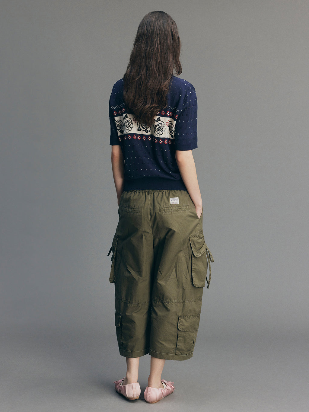 Vintage Floral Tie-Neck Polo Knit T-Shirt