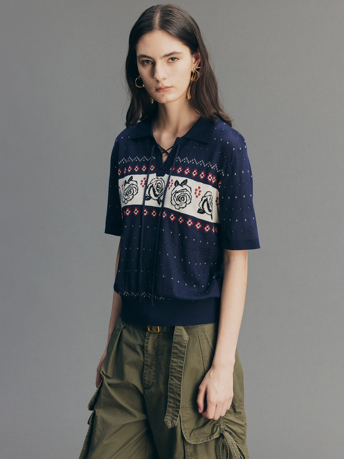Vintage Floral Tie-Neck Polo Knit T-Shirt