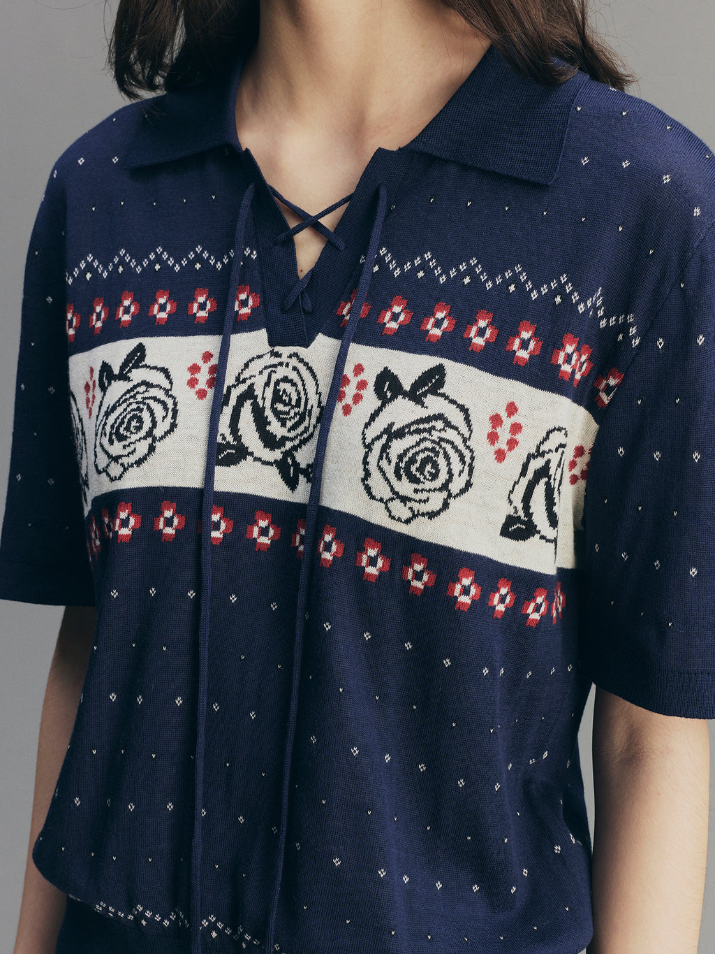 Vintage Floral Tie-Neck Polo Knit T-Shirt