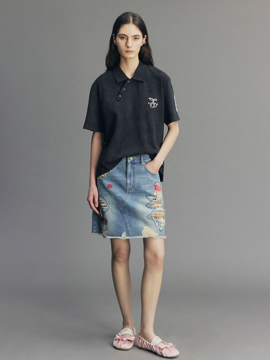 Asymmetric-Placket Collegiate T-shirt