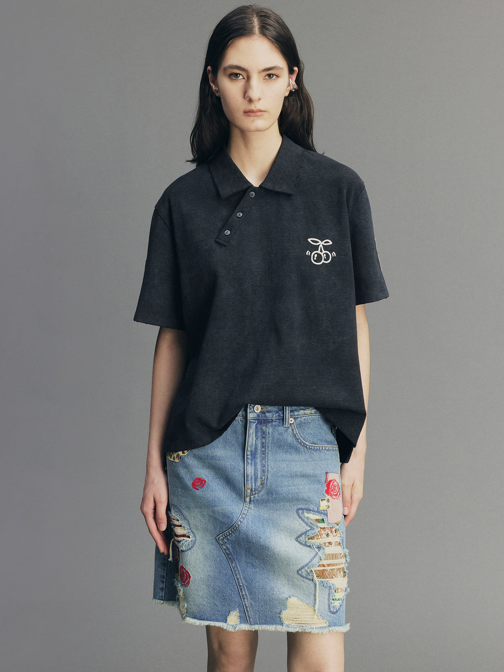Asymmetric-Placket Collegiate T-shirt