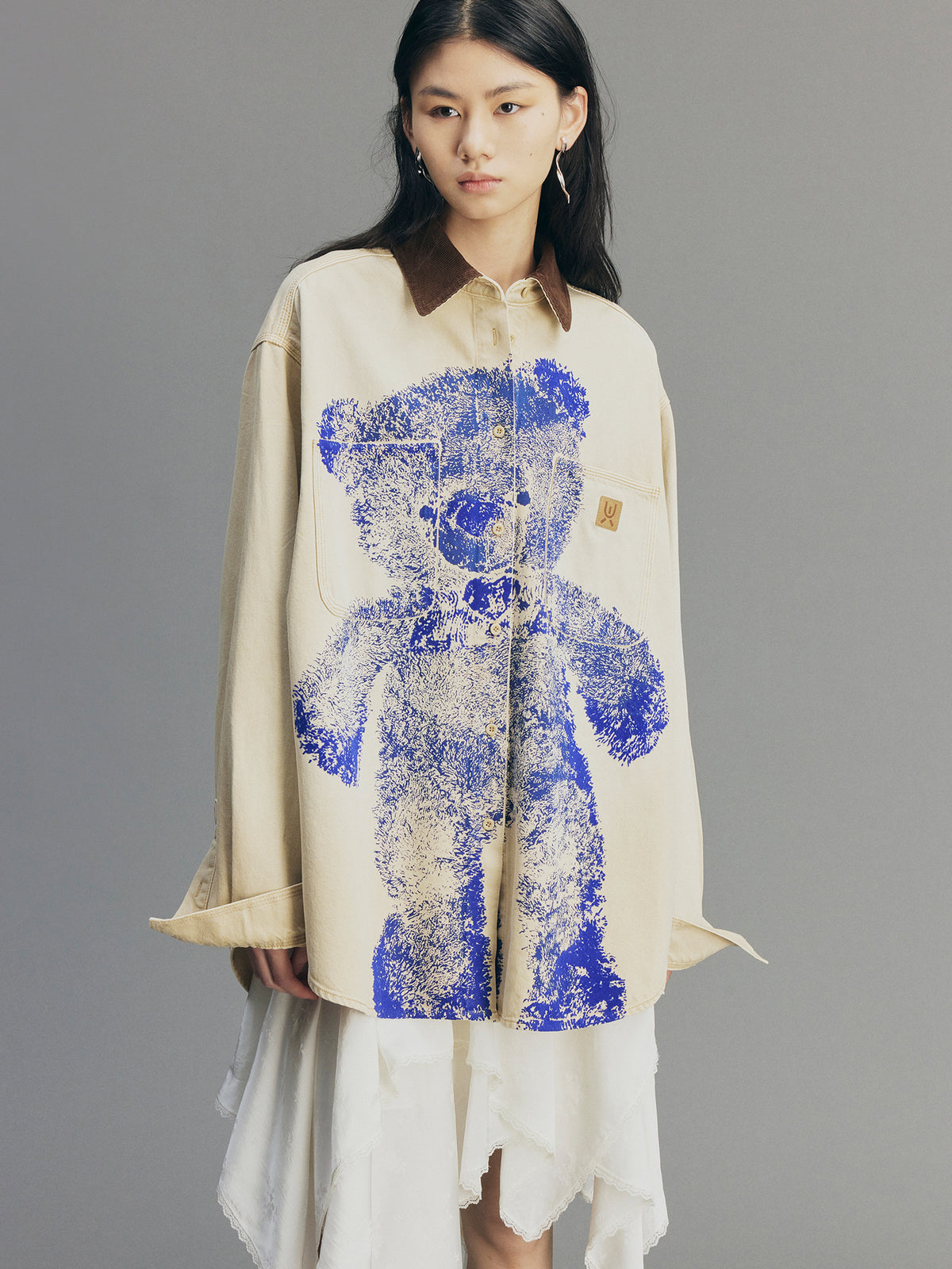 Bear-Print Utility Shirt Jacket