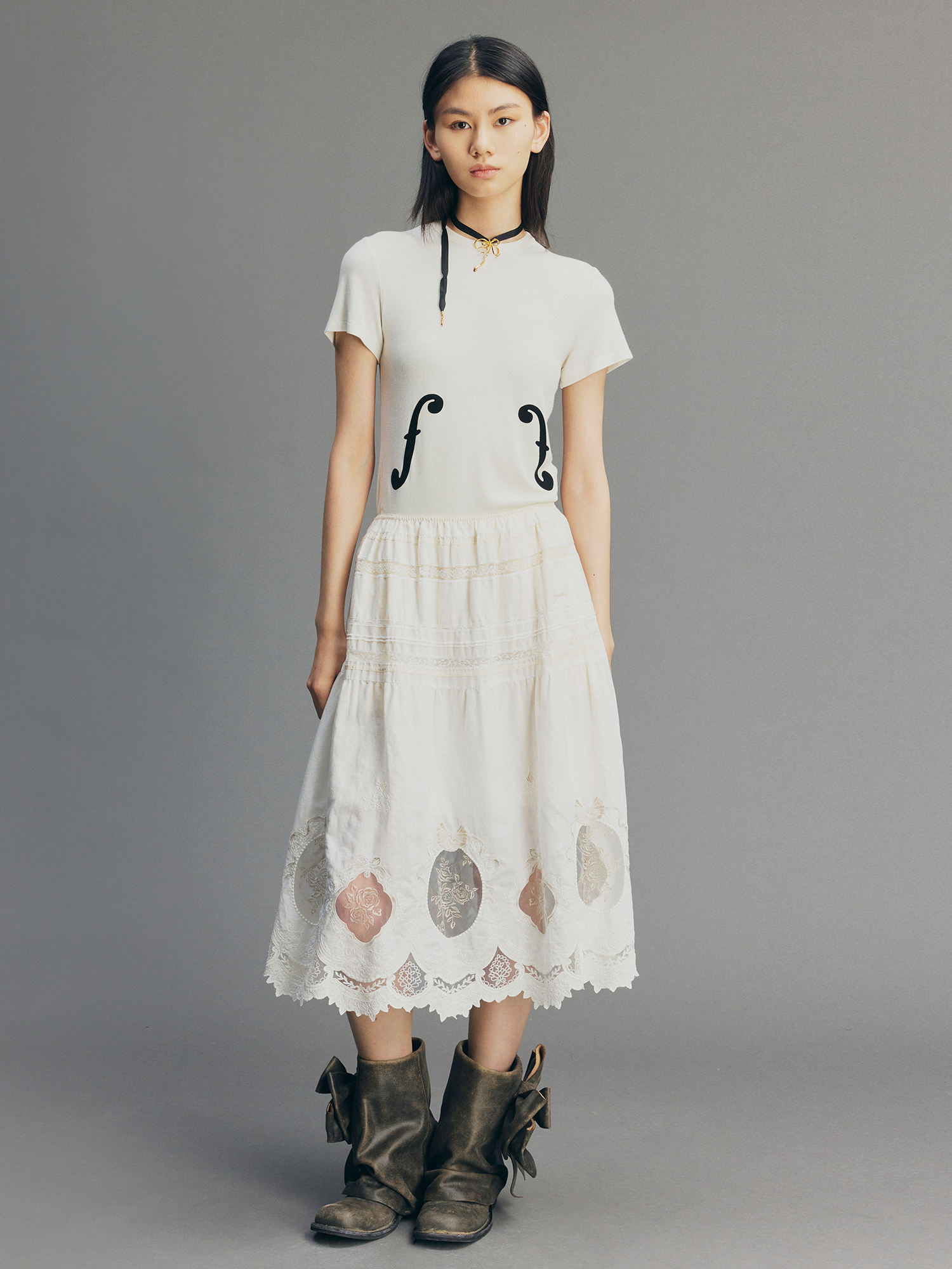 Dimensional Embroidered Lace Flared Skirt