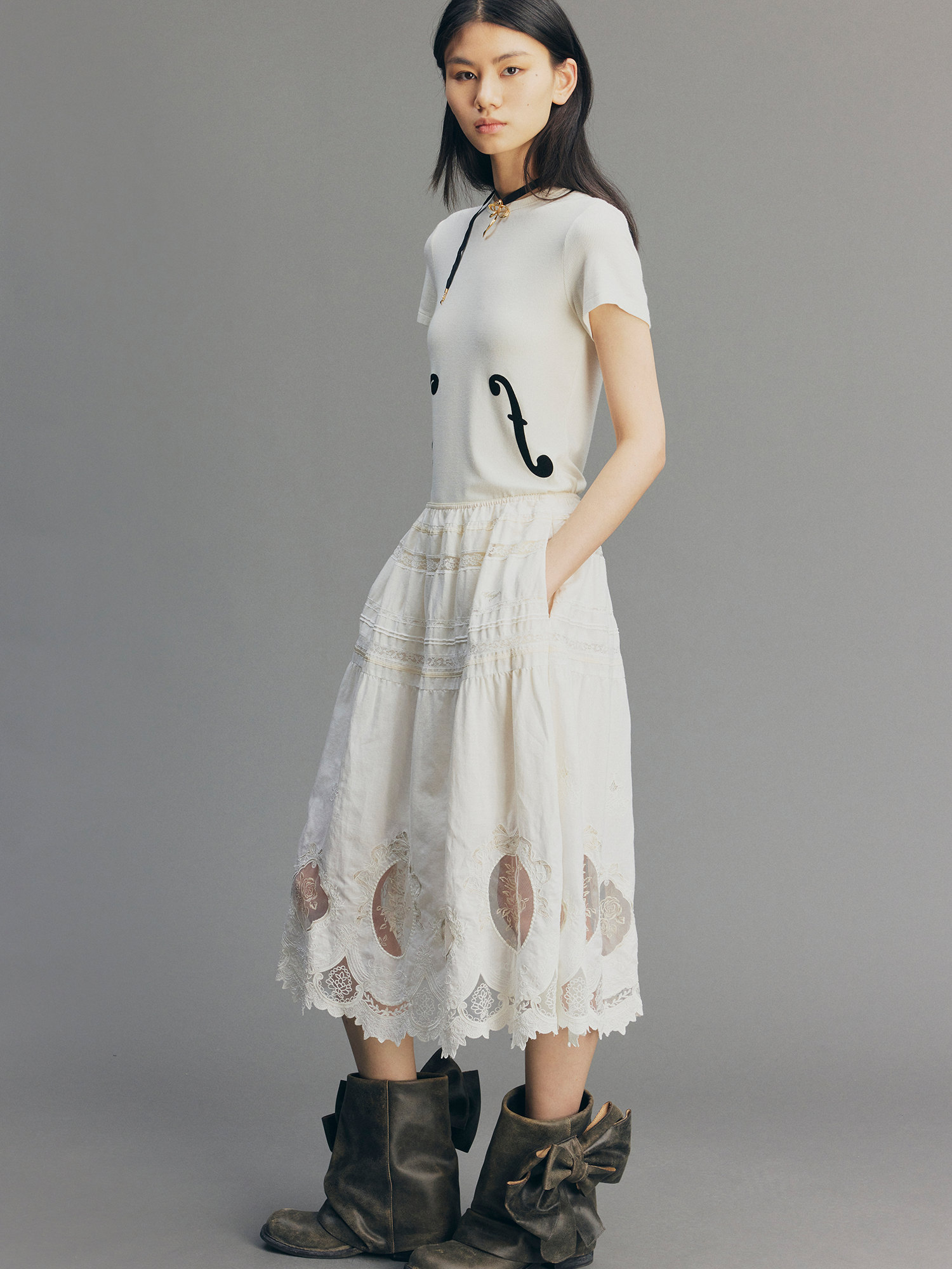 Dimensional Embroidered Lace Flared Skirt