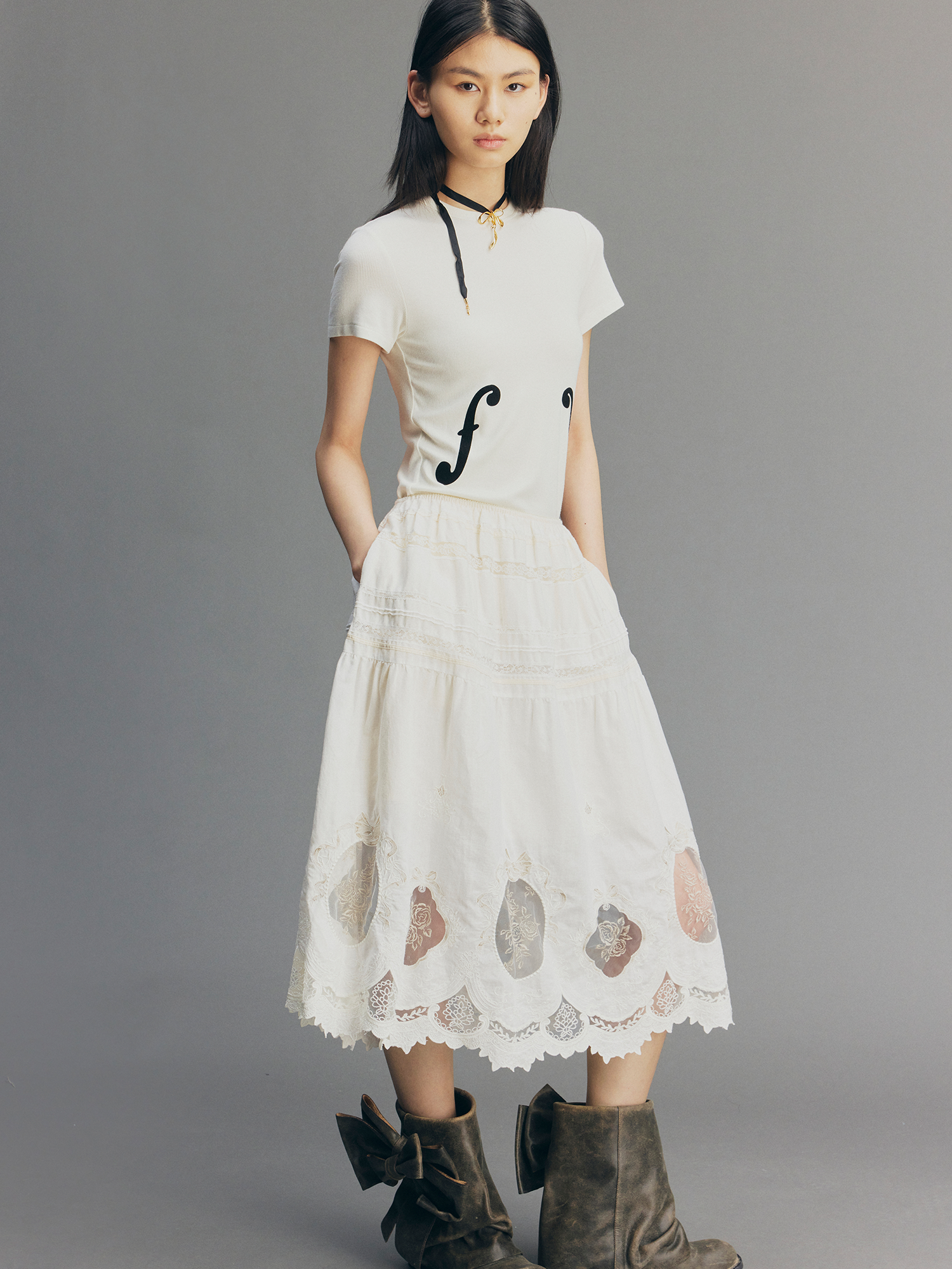 Dimensional Embroidered Lace Flared Skirt
