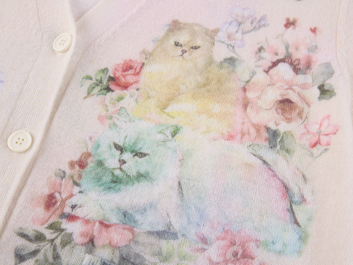 Fantasy Cat Print V-Neck Cardigan
