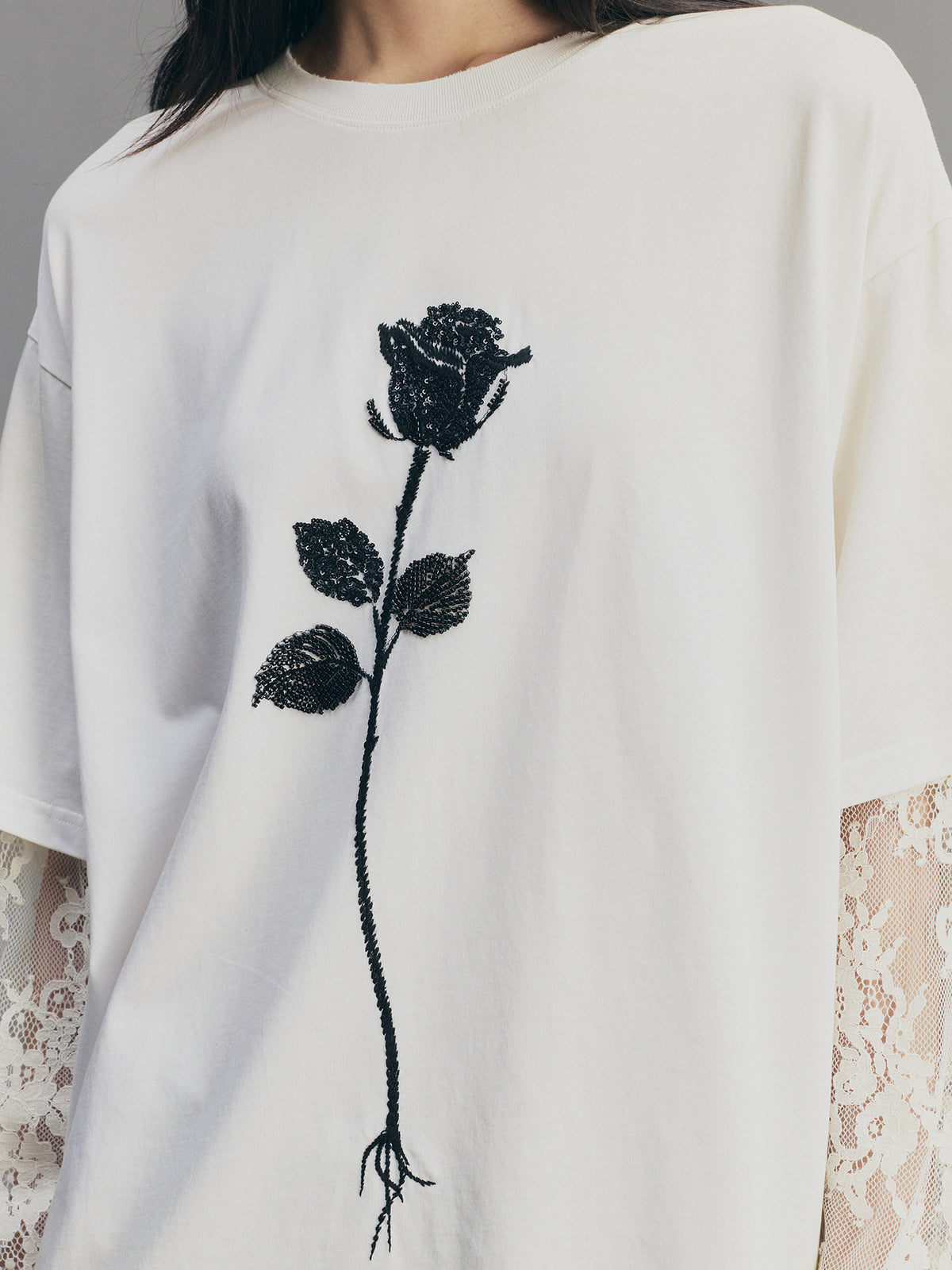 True Flower Sequin Embroidered Layered T-shirt