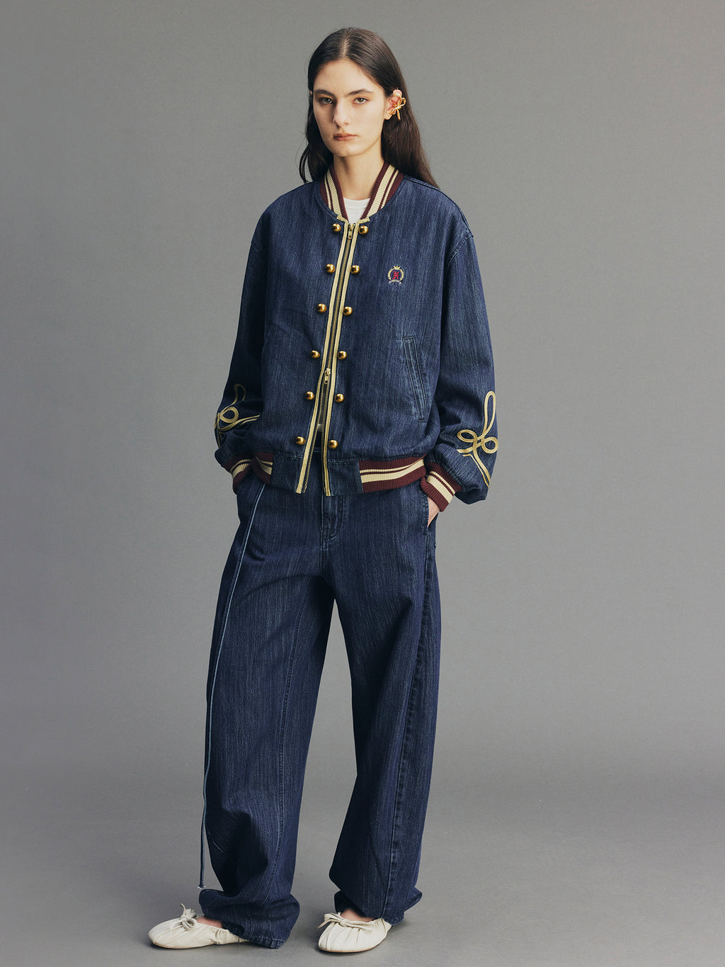 Vintage Romantic Military Denim Bomber Jacket