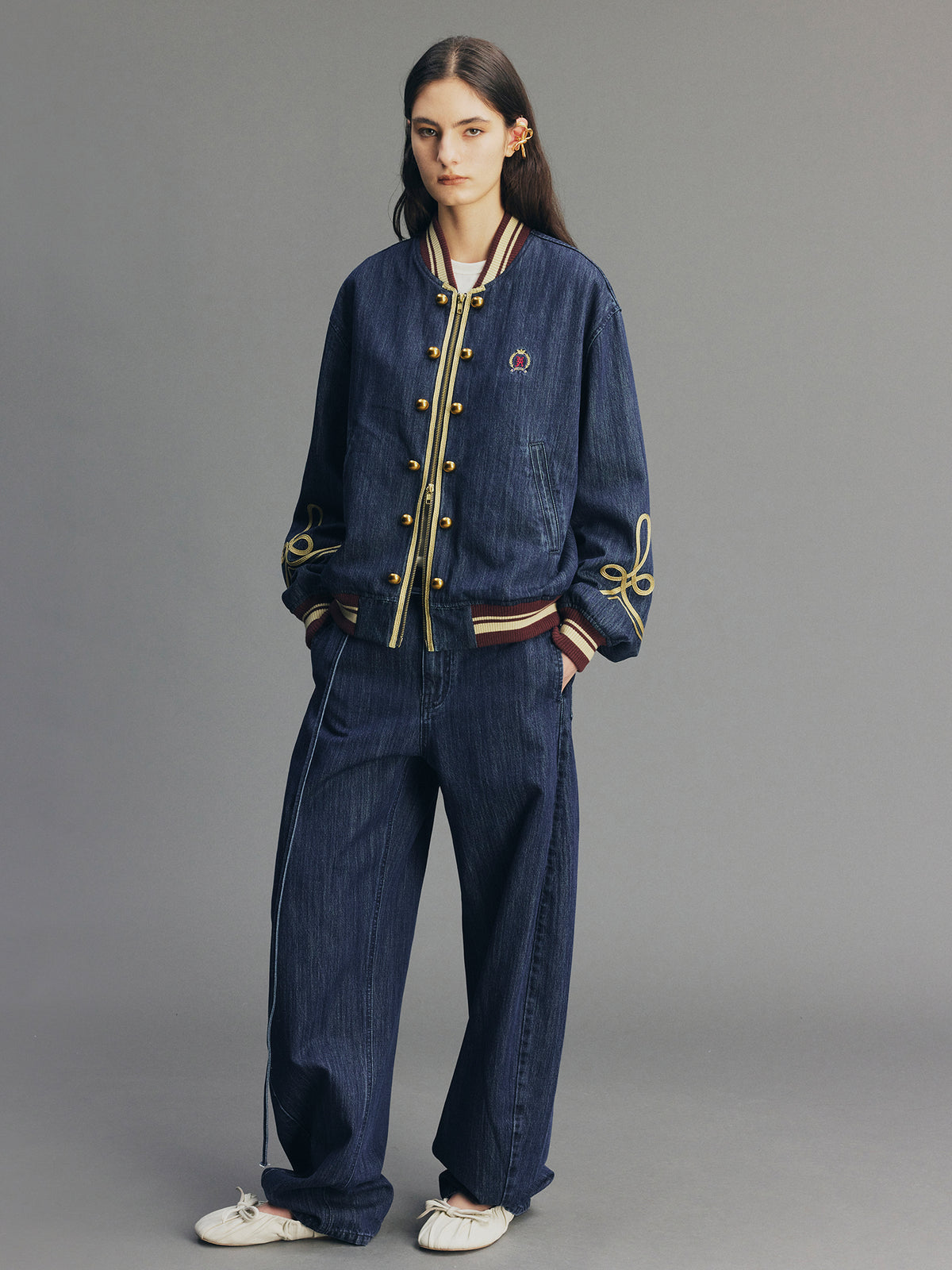 Vintage Romantic Military Denim Bomber Jacket