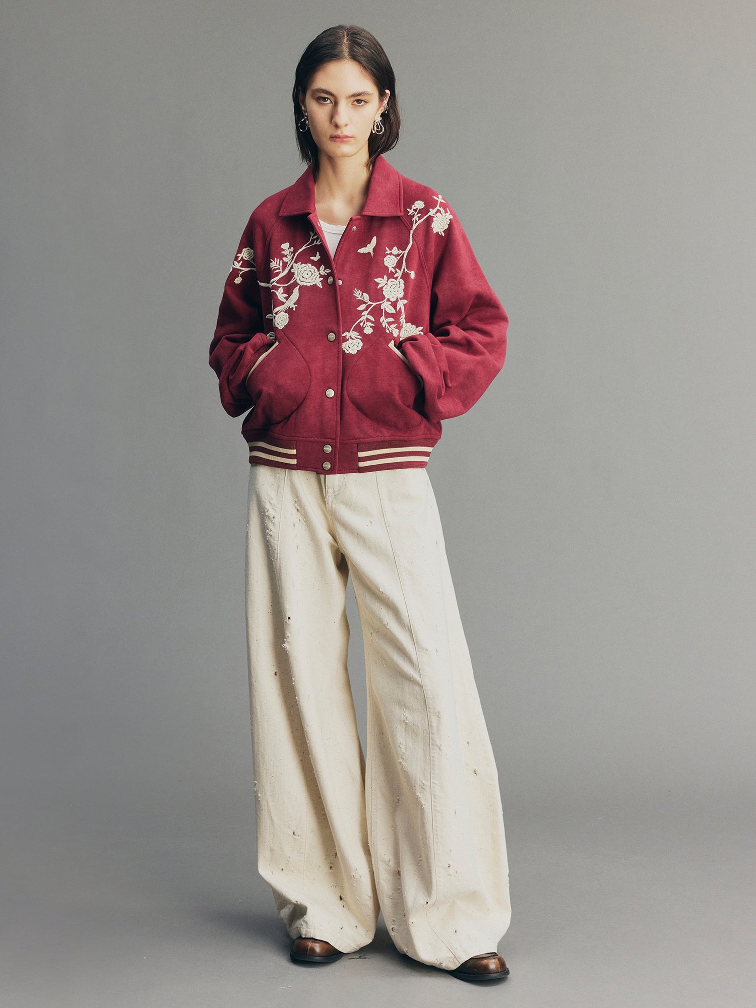 Vintage Embroidered Distressed Sweatshirt Jacket