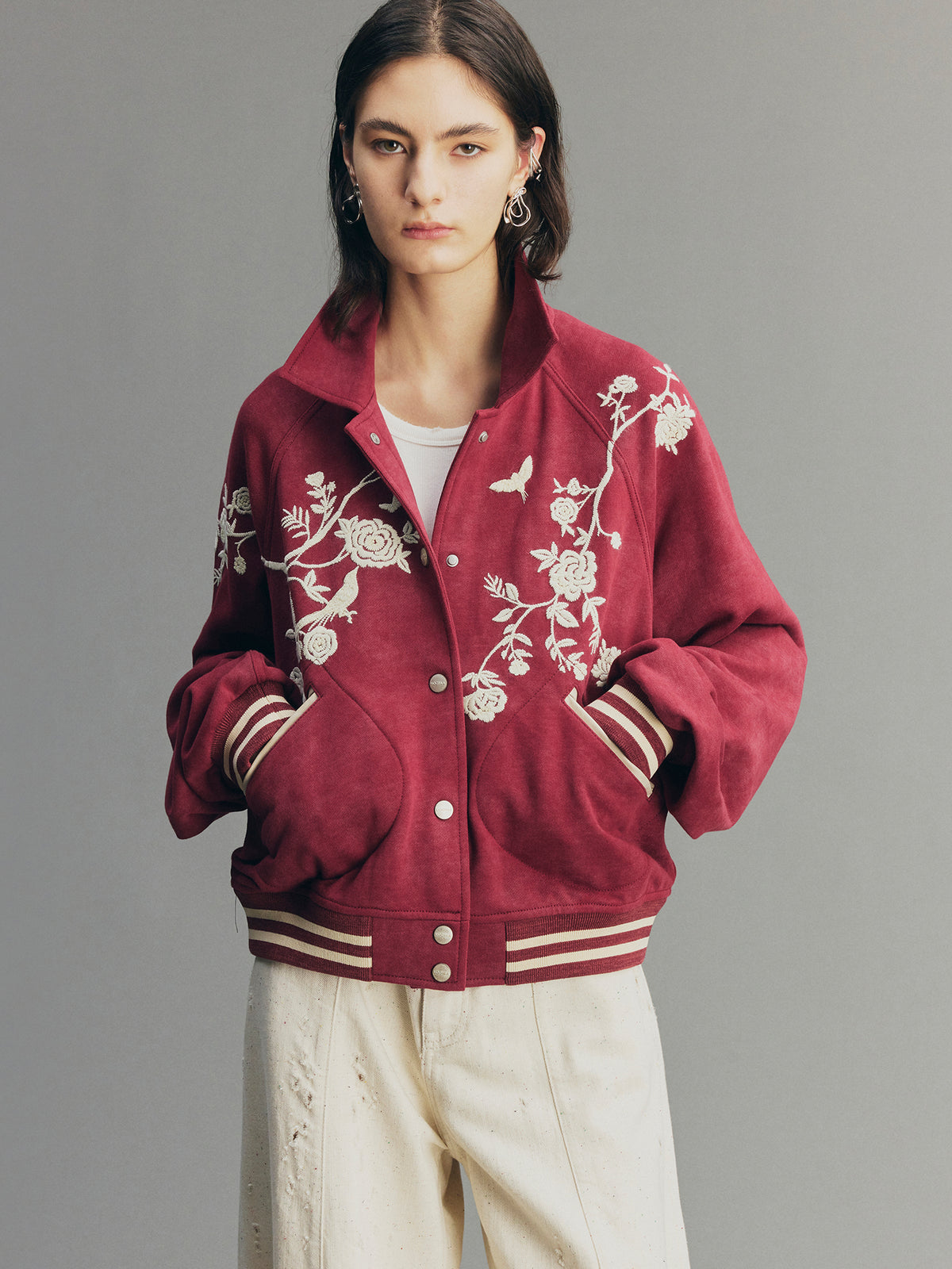 Vintage Embroidered Distressed Sweatshirt Jacket