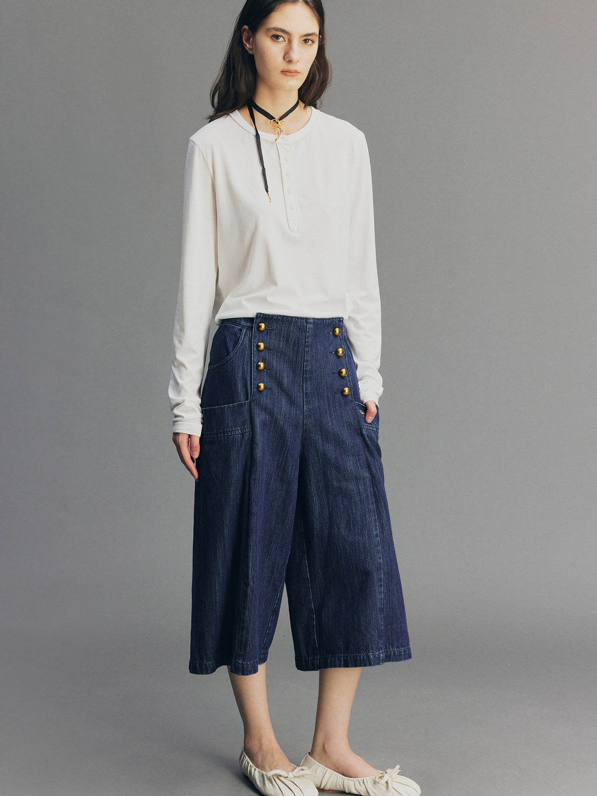 Vintage Romantic Military Denim Carpi Pants