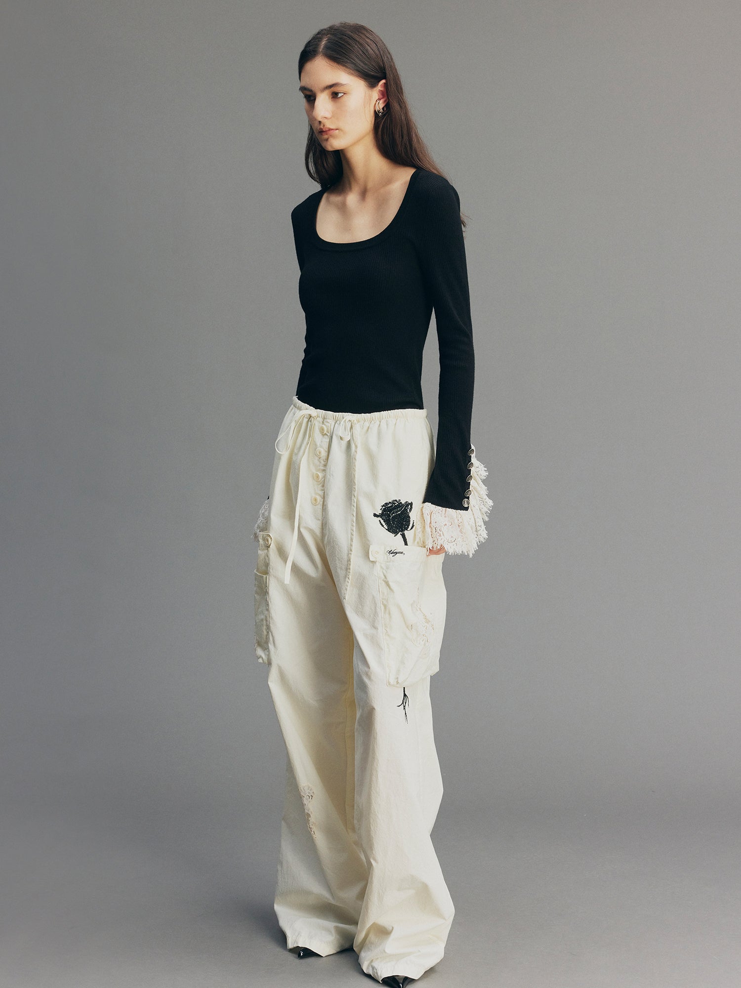 Beaded Rose Embroidered Pants