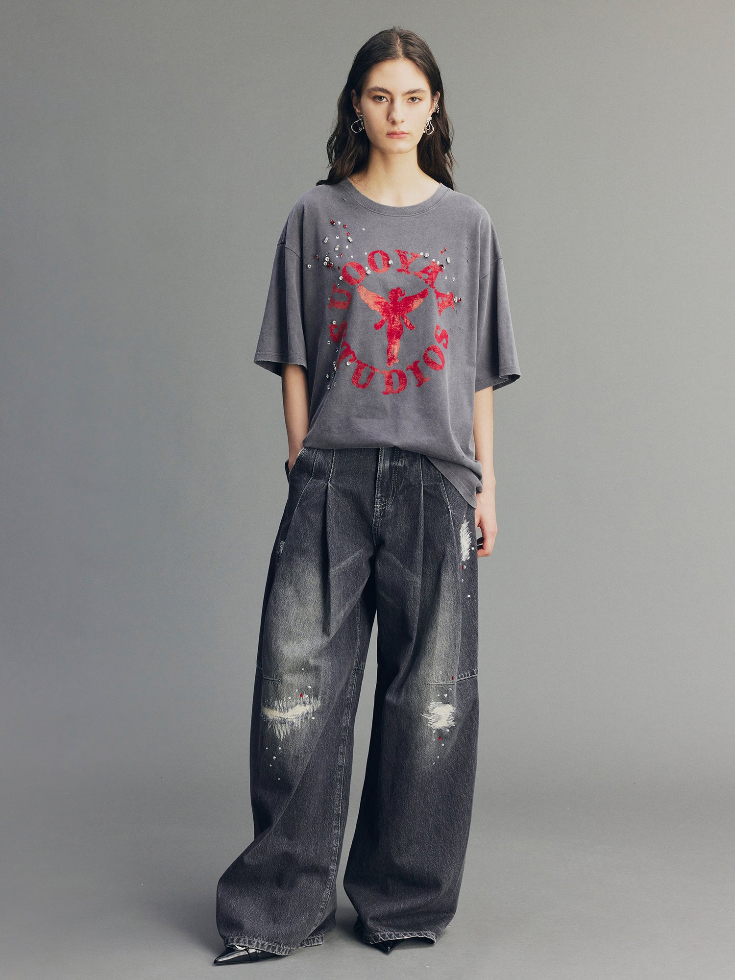 Distressed Rhinestone Five-Pocket Jeans