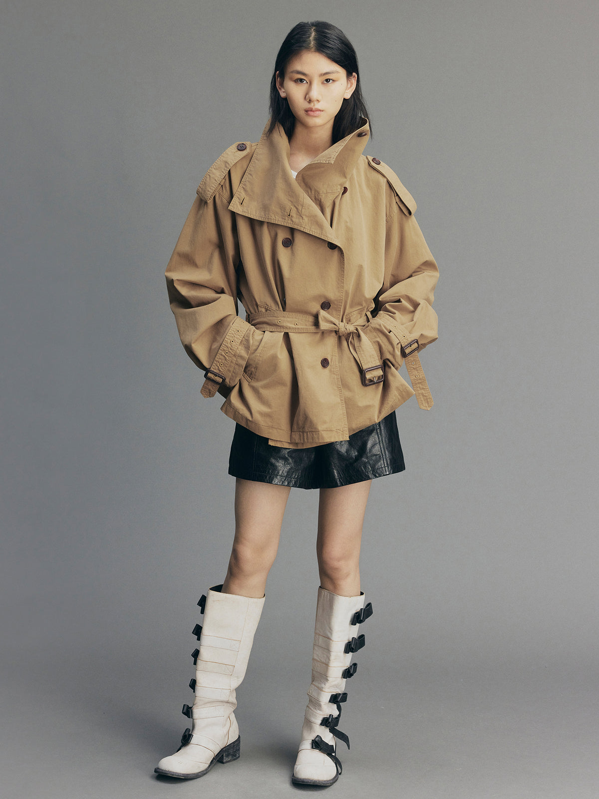 Playful Double-Breasted Stand-Collar Trench Coat