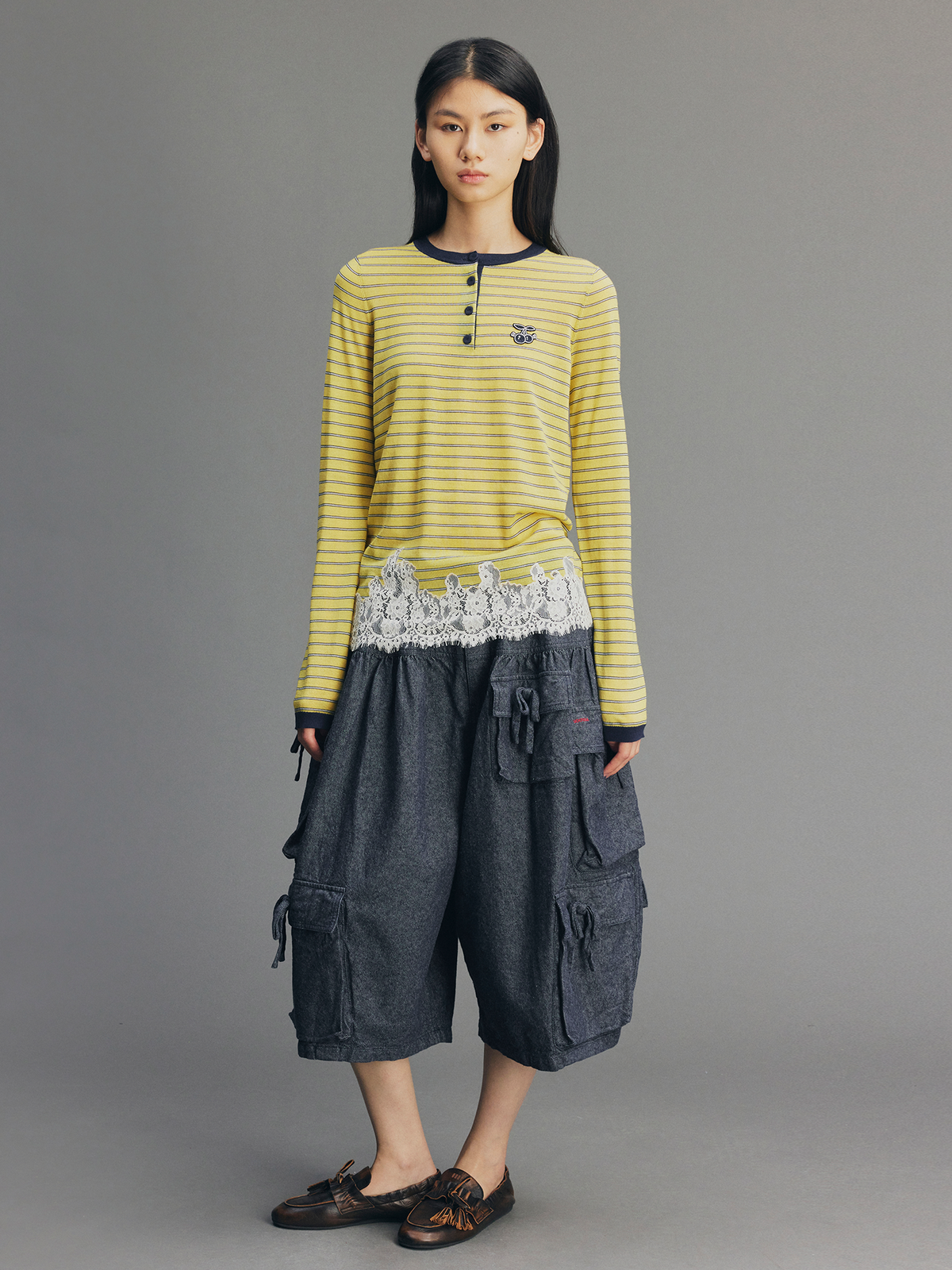 Sporty Cherry Lace-Embroidered Henley Sweatshirt