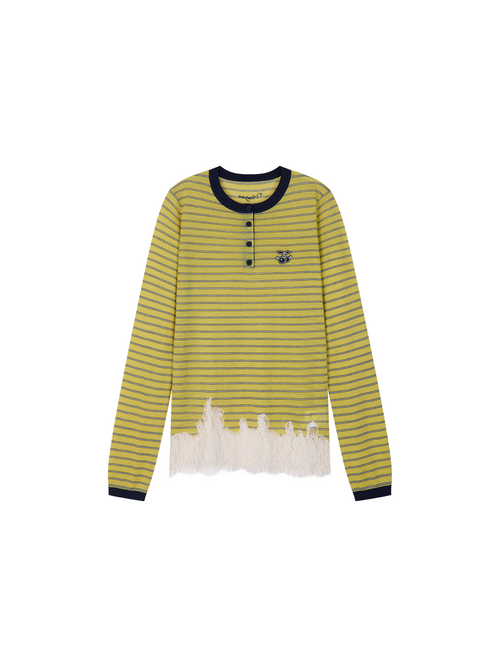 Sporty Cherry Lace-Embroidered Henley Sweatshirt