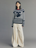 Sporty Cherry Faux-Layered Striped Knit Sweatshirt