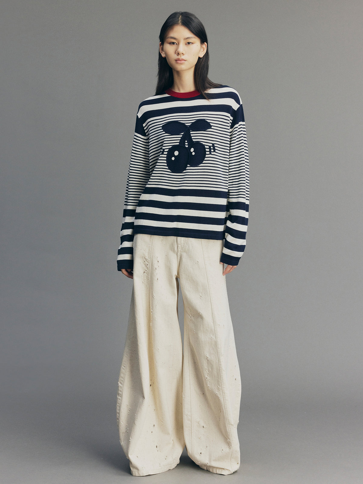 Sporty Cherry Faux-Layered Striped Knit Sweatshirt