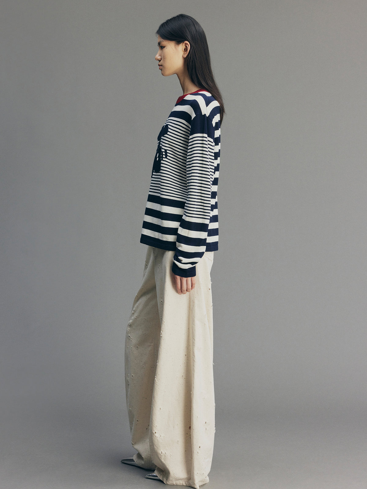 Sporty Cherry Faux-Layered Striped Knit Sweatshirt