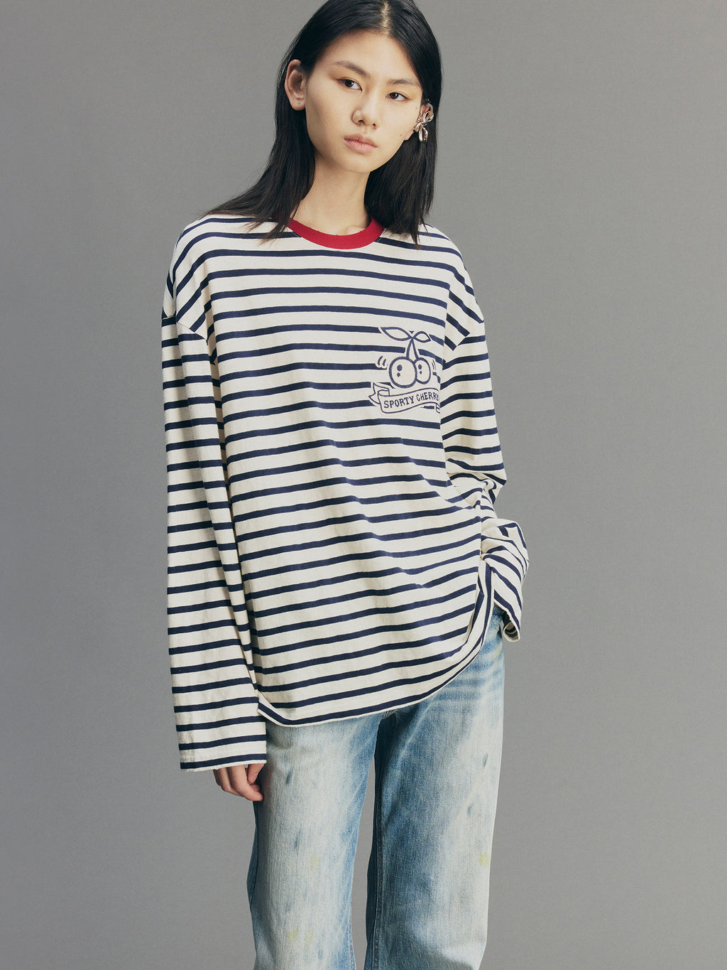 Sporty Cherry Appliqué Embroidered Breton Sweatshirt