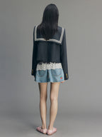 Sporty Cherry Sailor Collar Embroidered Blazer