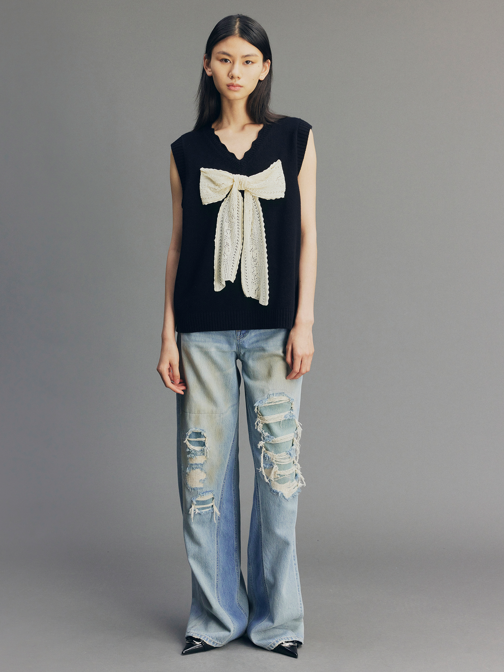 Rock Patchwork Waistband Free Distressed Jeans