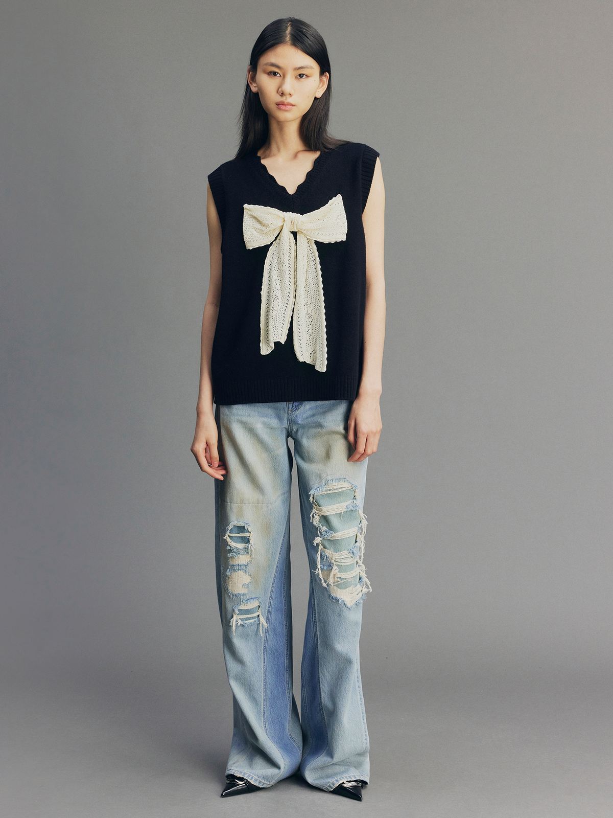 Rock Patchwork Waistband Free Distressed Jeans