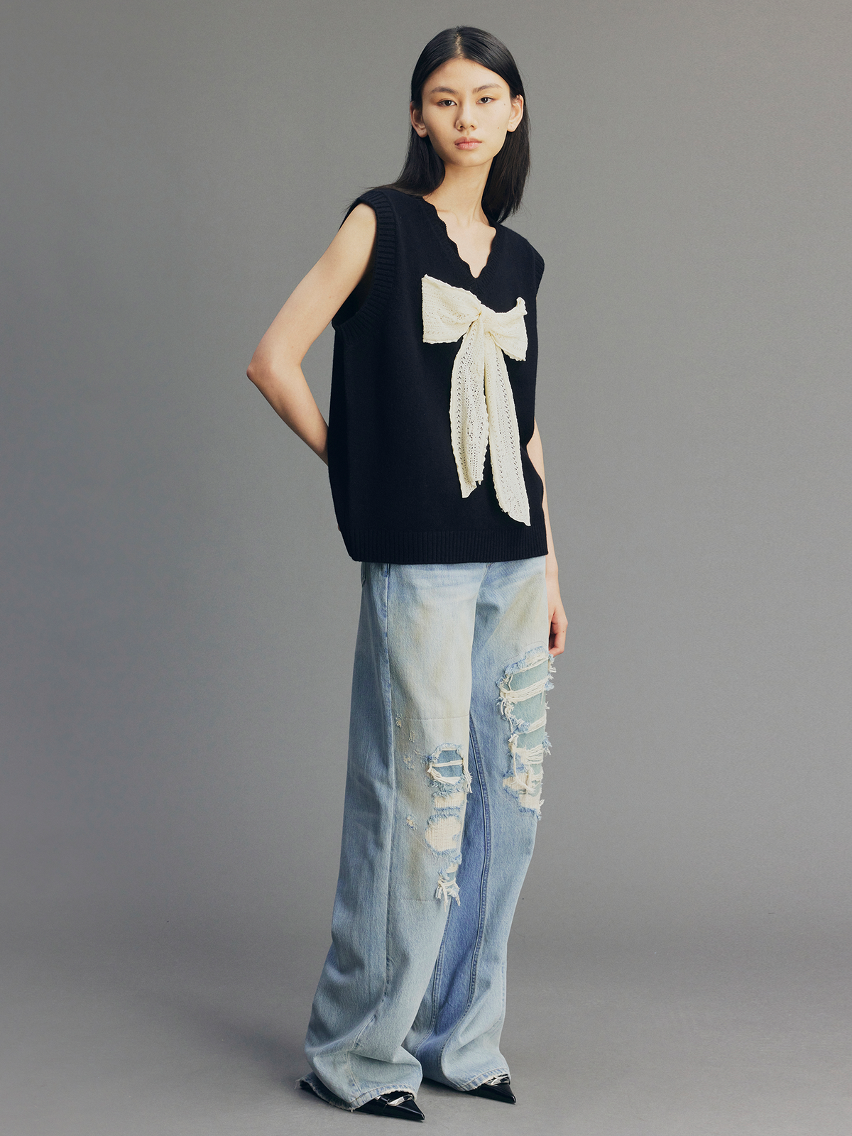 Rock Patchwork Waistband Free Distressed Jeans