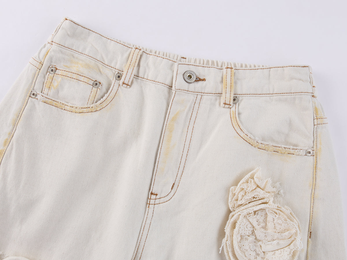 Casual Romantic Lace Crochet Denim Pants