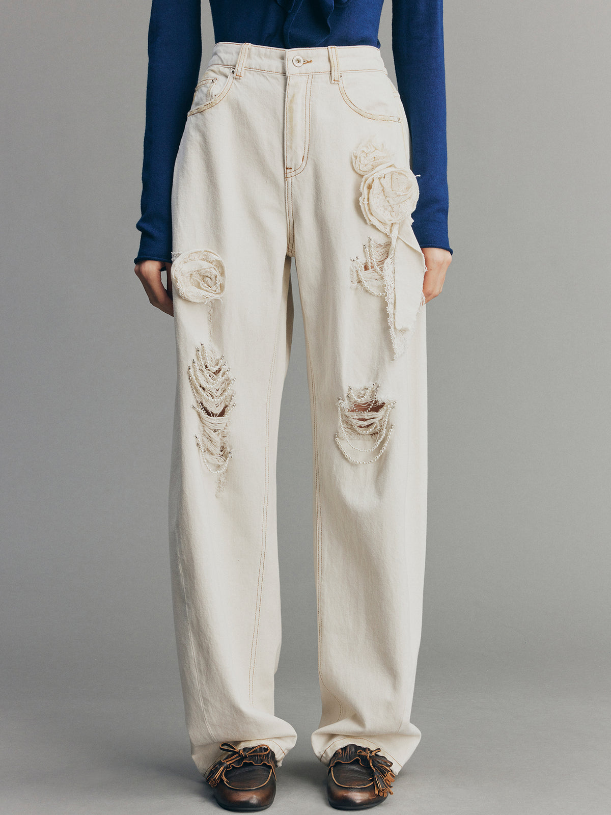 Casual Romantic Lace Crochet Denim Pants