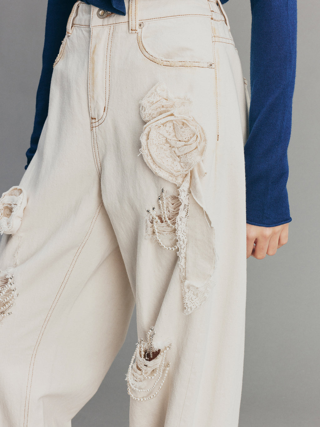 Casual Romantic Lace Crochet Denim Pants